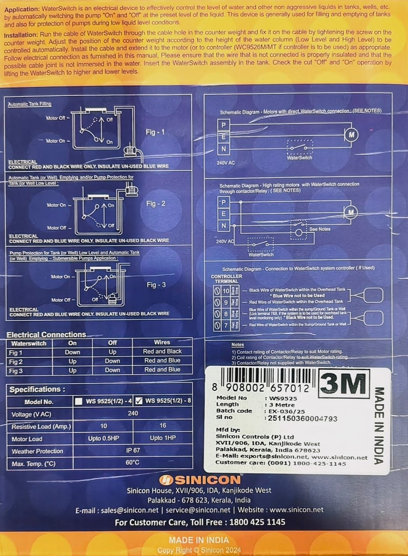 Sinicon 3 Meter Water Switch Water Level Controller Float Switch | IP67 Rated | 240V AC | 10A/16A | For Automatic Water Tank Filling & Pump Protection | High Quality Engineering Plastic |  1 Year Replacement Warranty - Image 4