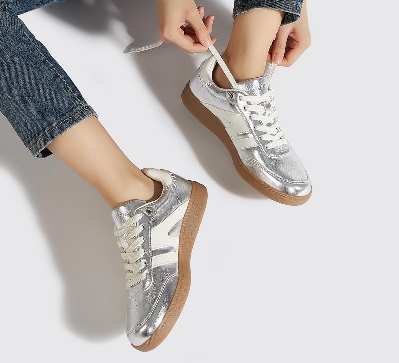 LUCKY STEP Women Classic Retro Gum Sole Fashion Sneakers Casual Tennis Skate Shoe Genuine Leather Walking Footwear Anti Slip Trainers(Silver,11) - Image 2