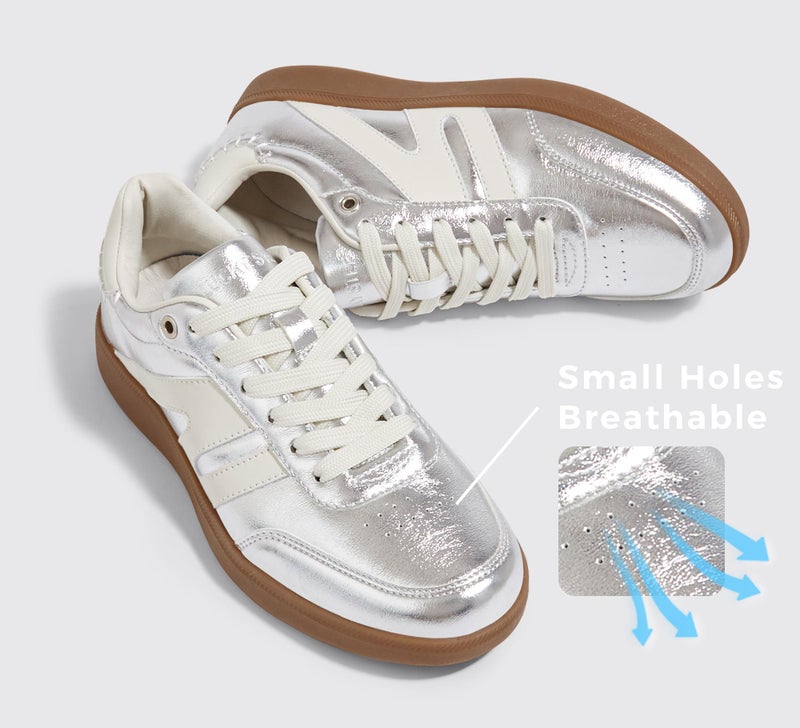 LUCKY STEP Women Classic Retro Gum Sole Fashion Sneakers Casual Tennis Skate Shoe Genuine Leather Walking Footwear Anti Slip Trainers(Silver,11) - Image 3