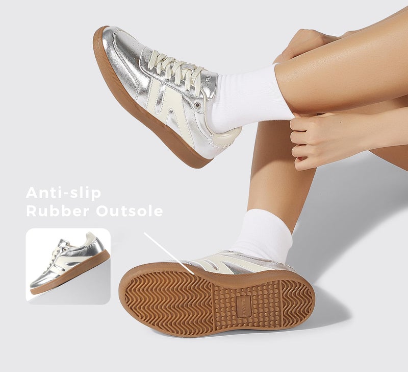 LUCKY STEP Women Classic Retro Gum Sole Fashion Sneakers Casual Tennis Skate Shoe Genuine Leather Walking Footwear Anti Slip Trainers(Silver,11) - Image 5