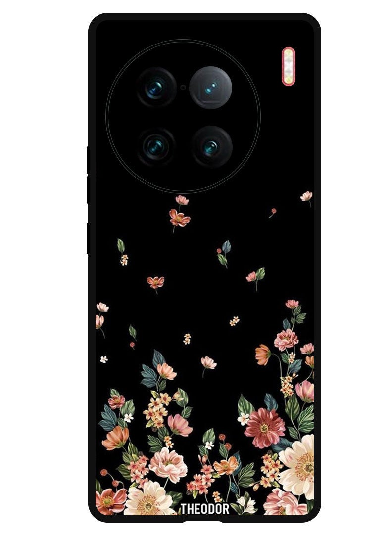 Theodor Protective Case Anti Scratch Shock Proof Bumper Cover For Vivo X90 Pro Plus Flowers in Black Background - Image 1