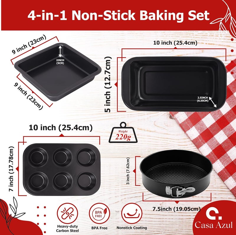 Casa Azul 4in1 NonStick Baking Set Includes Muffin Tray Square Baking Tray Bread Mould Round Cake Mould BPA Free Carbon Steel Bread pan Microwave OTG Oven Safe Cake Moulds for Baking - Image 3