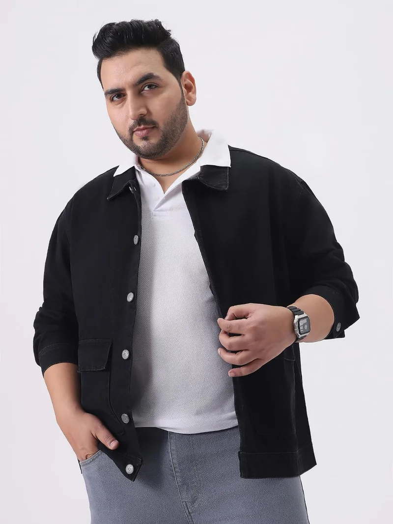Urbano Plus Men's Black Relaxed Fit Full Sleeve Utility Denim Jacket