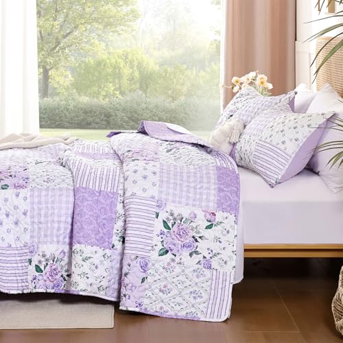 YIKUSH Floral Quilt Set Twin Size – Ultra Soft Lightweight Bedspread, 2 Piece Purple Bedding Set (66"x90") with Pillowcases (20"*26"), All Season Coverlet for Bedroom & Guest Room - Image 2