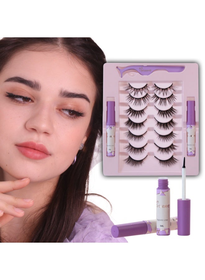 بقلم سابرينا مجموعة رموش مغناطيسية بدون غراء، مظهر طبيعي، نصف رموش، قابلة لإعادة الاستخدام، تتضمن 7 أزواج من أنماط نصف الرموش، و2 من محدد العيون السائل المغناطيسي، وأداة وضع الرموش للاستخدام اليومي والمكياج - من سابرينا - Image 1