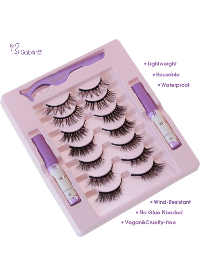 بقلم سابرينا مجموعة رموش مغناطيسية بدون غراء، مظهر طبيعي، نصف رموش، قابلة لإعادة الاستخدام، تتضمن 7 أزواج من أنماط نصف الرموش، و2 من محدد العيون السائل المغناطيسي، وأداة وضع الرموش للاستخدام اليومي والمكياج - من سابرينا - Image 3