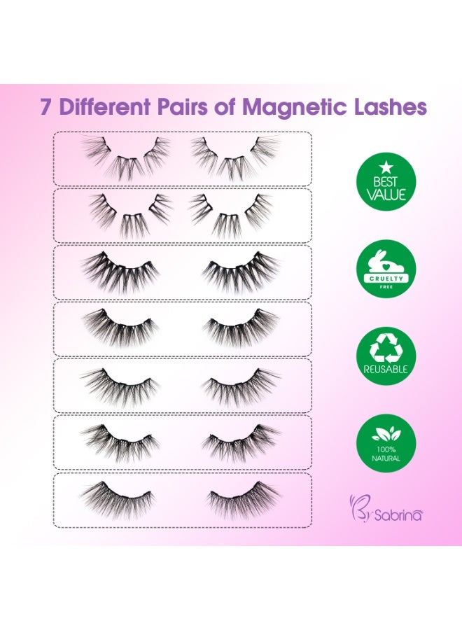 بقلم سابرينا مجموعة رموش مغناطيسية بدون غراء، مظهر طبيعي، نصف رموش، قابلة لإعادة الاستخدام، تتضمن 7 أزواج من أنماط نصف الرموش، و2 من محدد العيون السائل المغناطيسي، وأداة وضع الرموش للاستخدام اليومي والمكياج - من سابرينا - Image 5