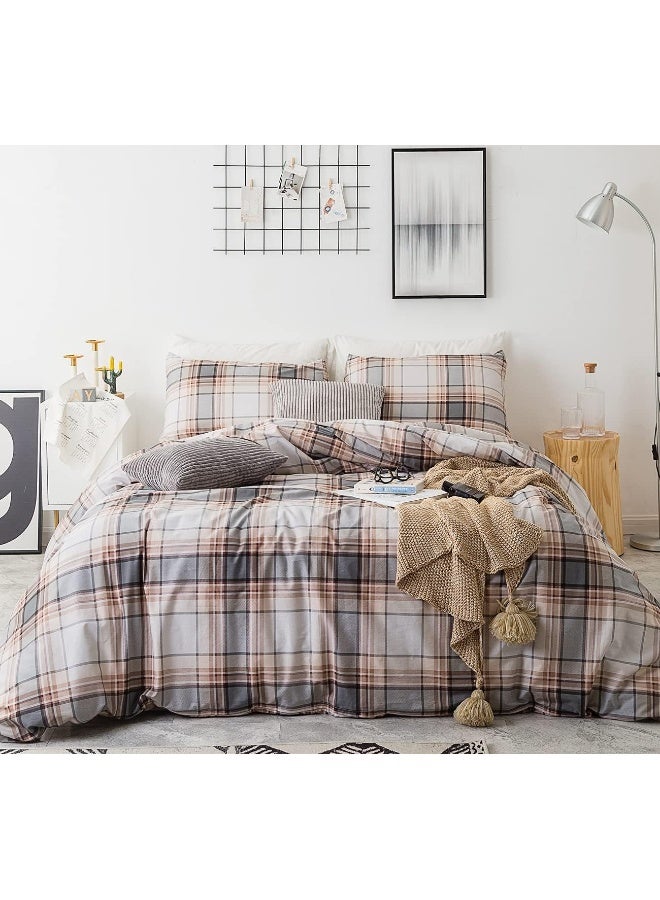 SUSYBAO 3 Piece Duvet Cover Set 100% Natural Cotton Queen Size Gray and Khaki Tartan Bedding Set with Zipper Ties 1 Ivory Plaid Stripe Duvet Cover 2 Pillowcases Hotel Quality Soft Breathable Durable - Image 1