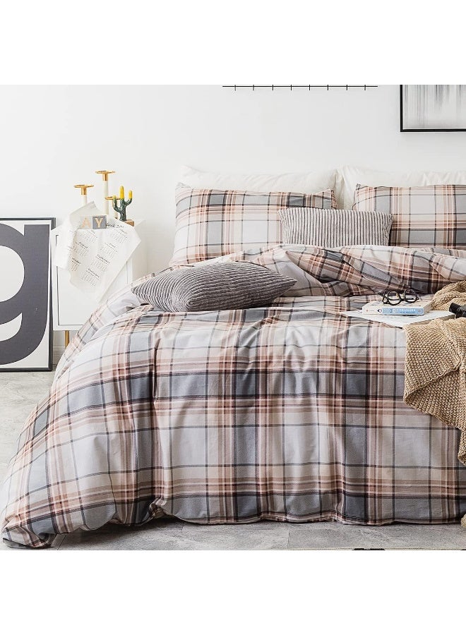 SUSYBAO 3 Piece Duvet Cover Set 100% Natural Cotton Queen Size Gray and Khaki Tartan Bedding Set with Zipper Ties 1 Ivory Plaid Stripe Duvet Cover 2 Pillowcases Hotel Quality Soft Breathable Durable - Image 2