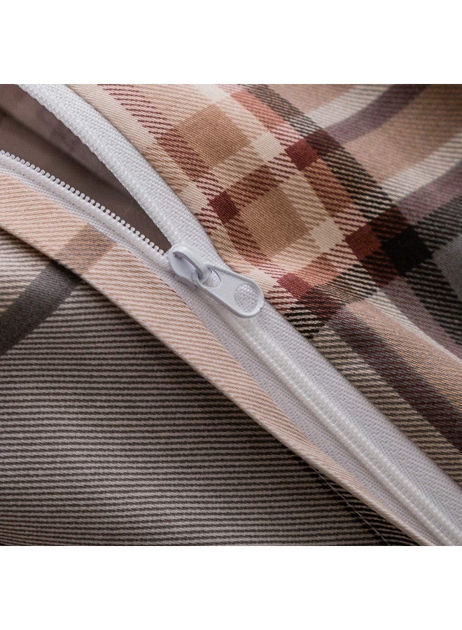 SUSYBAO 3 Piece Duvet Cover Set 100% Natural Cotton Queen Size Gray and Khaki Tartan Bedding Set with Zipper Ties 1 Ivory Plaid Stripe Duvet Cover 2 Pillowcases Hotel Quality Soft Breathable Durable - Image 5