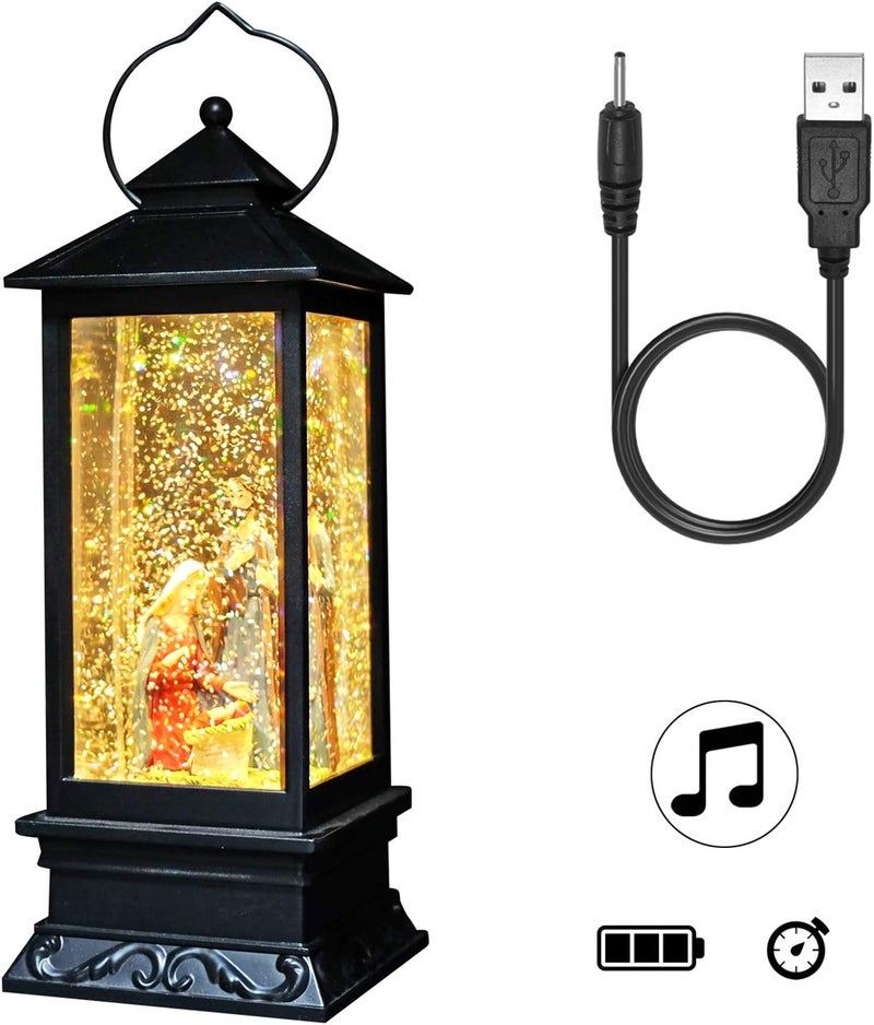 DRomance Nativity Music Snow Globe Lantern with Timer Battery Operated & USB Powered Lighted Singing Snow Globe Lamp Spinning Water Swirling Glitters Christmas Decor 4" x 4" x 12" - Image 1