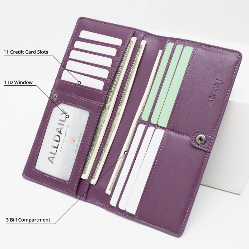 Alldaily محفظة نسائية رفيعة جداً من ألدايلي مع حماية RFID لحامل بطاقات الائتمان، قابلة للطي، طويلة، (بنفسجي) - Image 3