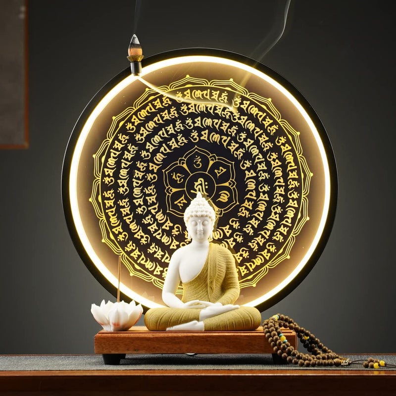Houlu Yellow Buddha Statue and Circle LED Table Lamp Ceramic Buddha Statue for Home Dcor
