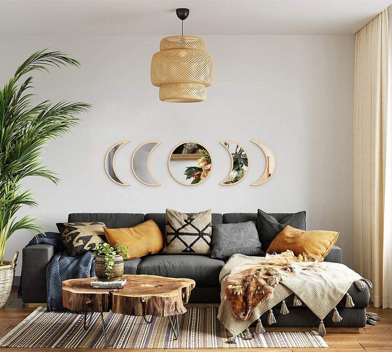 MAXROCK Moon Phase Mirror Set, 5 Piece Scandinavian Natural Decor Wall Decorative Home Decor Bohemian Moon Mirror for Living Room Bedroom, Acrylic Mirror, Not Real Mirror - Image 2