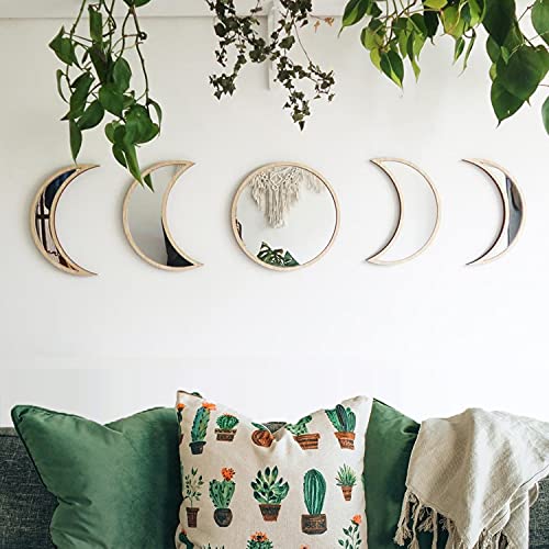 MAXROCK Moon Phase Mirror Set, 5 Piece Scandinavian Natural Decor Wall Decorative Home Decor Bohemian Moon Mirror for Living Room Bedroom, Acrylic Mirror, Not Real Mirror - Image 1