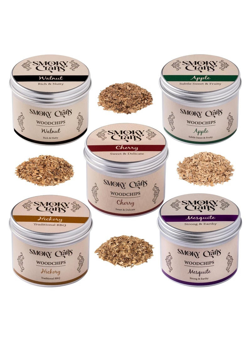 Smoky Crafts 5 x 2oz Smoker Wood Chips for Food and Drinks (Apple, Cherry, Hickory, Mesquite, Walnut)  - Image 1