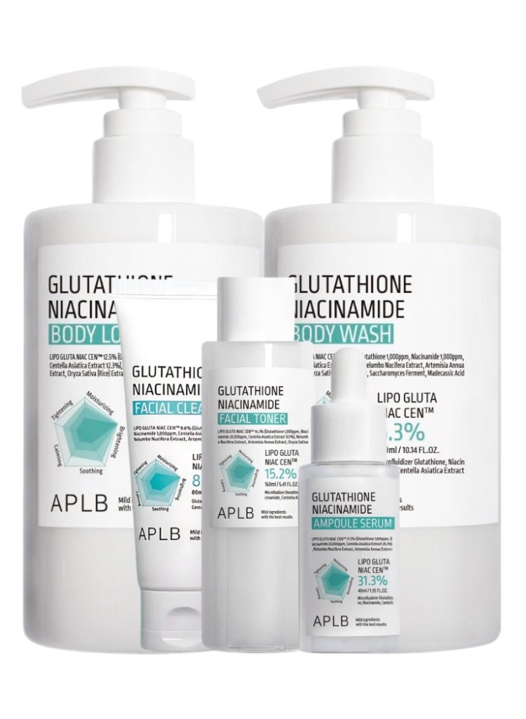 APLB Dark Spots & Dull Skin Care – APLB Glutathione & Niacinamide Brightening Set for Face & Body | Cleanser, Toner, Serum, Body Wash & Lotion - Image 1