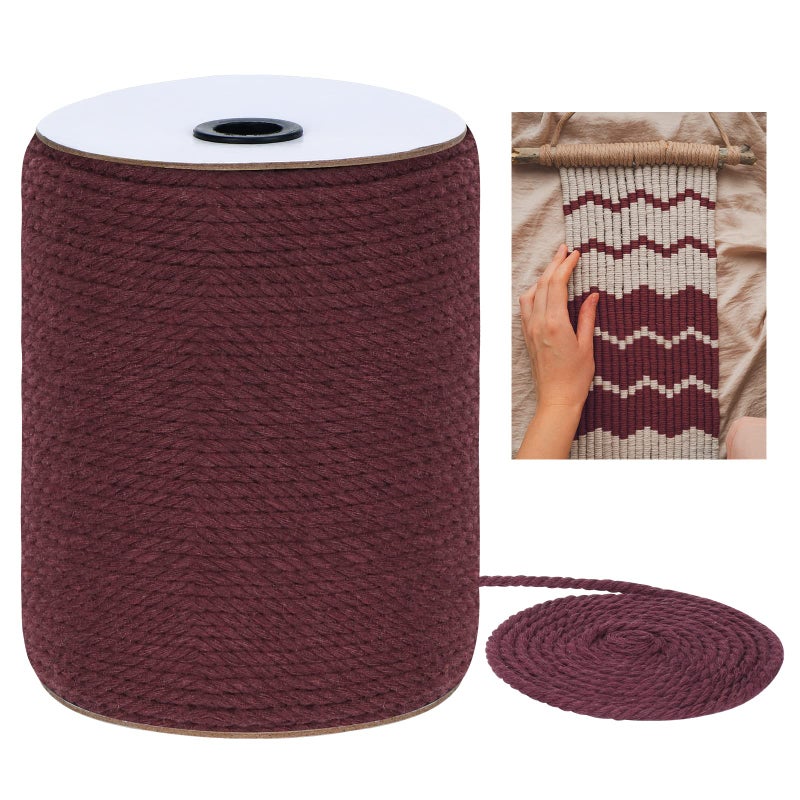 Macrame Cord 3mm x 328Yards Colored Cotton Macrame Rope 3 Strands Twisted Colorful Macrame Cotton Cord for Wall Hanging Plant Hangers Crafts Gift Wrapping and Wedding Decorations Wine Red