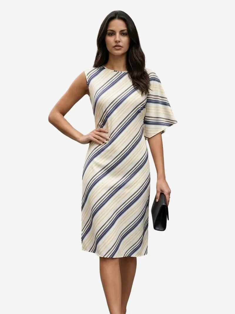 My Fashion Navy Blue MY FASHION Striped Lyocell Midi Dress for Women | Best Price UAE