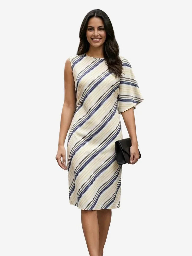 My Fashion Navy Blue MY FASHION Striped Lyocell Midi Dress for Women | Best Price UAE