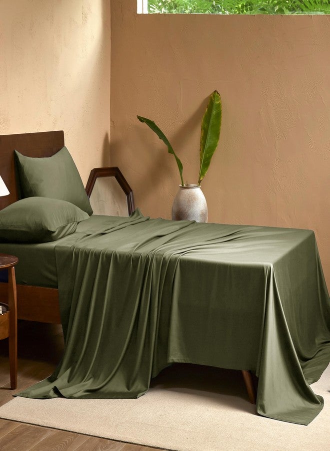EVERLY King Sheets Set,Luxuriously 400 Thread Count Organic Viscose Derived from Bamboo Bed Sheet,Cooling Sheets for King Size 4 Piece Deep Pockets Bedding Sheets &Pillowcases-Olive Green - Image 3