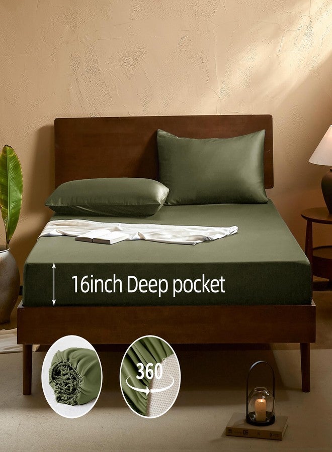 EVERLY King Sheets Set,Luxuriously 400 Thread Count Organic Viscose Derived from Bamboo Bed Sheet,Cooling Sheets for King Size 4 Piece Deep Pockets Bedding Sheets &Pillowcases-Olive Green - Image 5