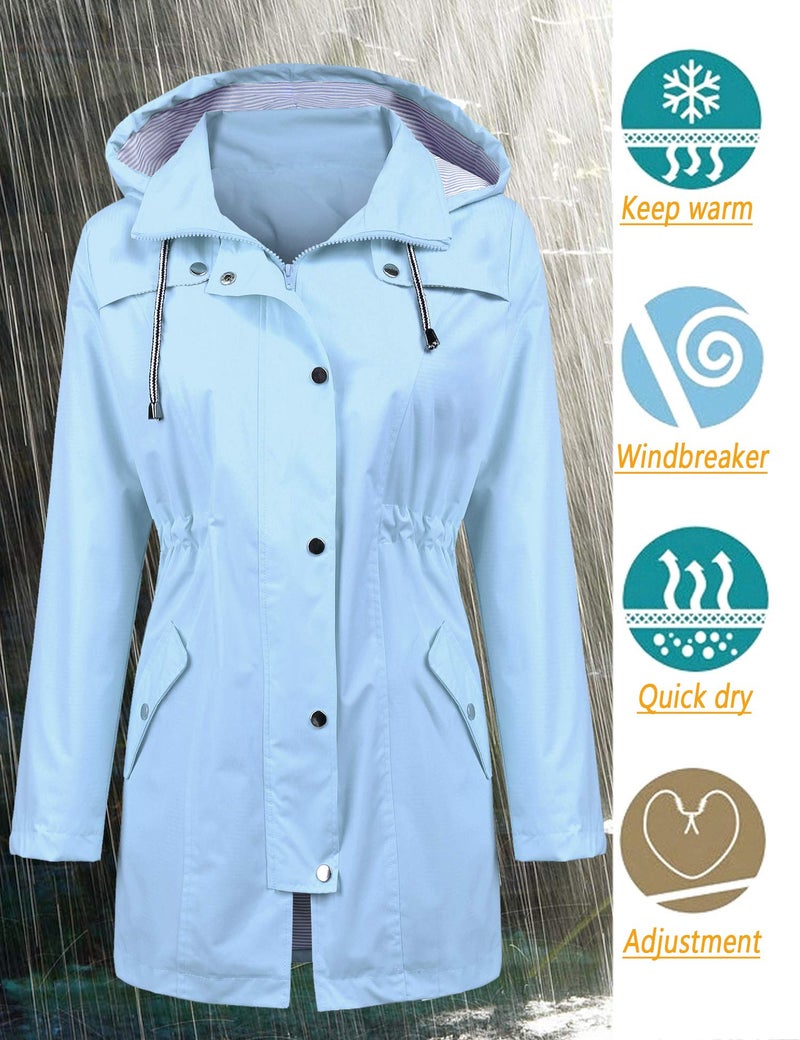 LOMON Rain Jacket Lightweight Waterproof Windbreaker Packable Outdoor Hooded Raincoat For Women Active Outdoor Light Blue M - Image 2