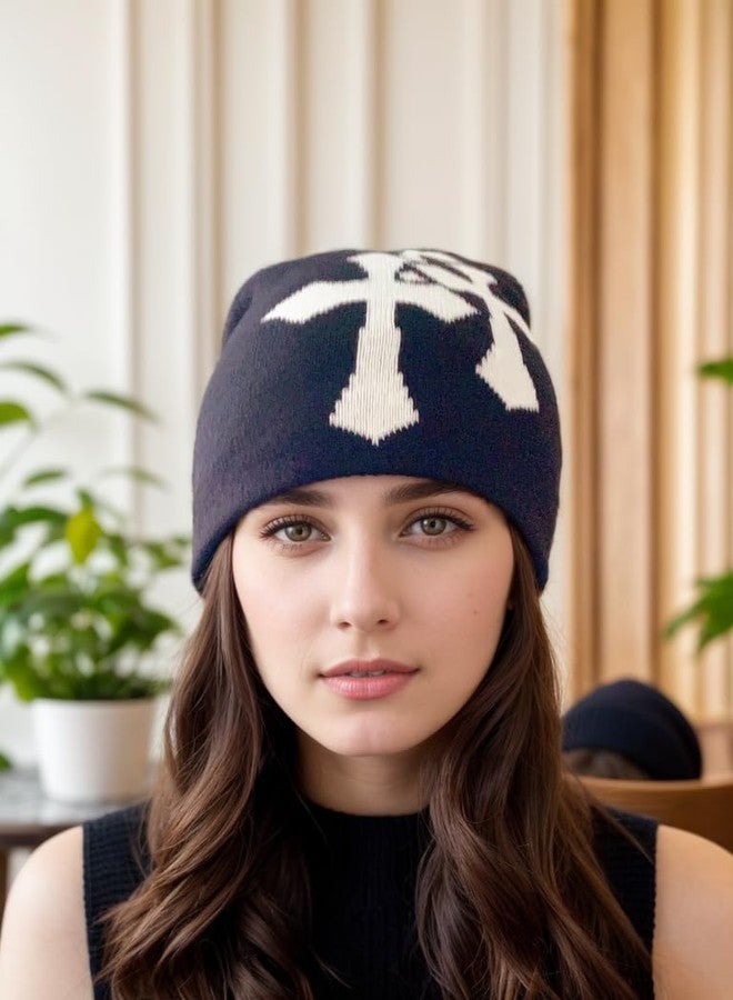 Obenie Y2K Knitted Beanies Hat Cross Graphics Men Women Jacquard Hat Punk Solid Color Hat Outdoor Sports Trend Beanie (Black-White,one Size,One Size) - Image 2