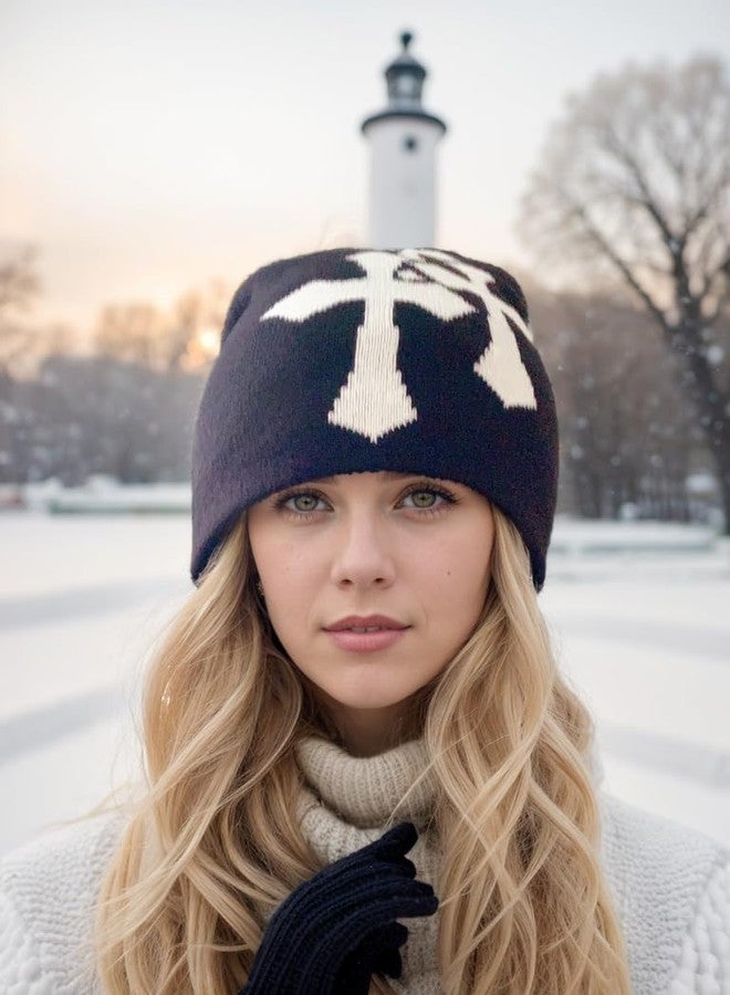 Obenie Y2K Knitted Beanies Hat Cross Graphics Men Women Jacquard Hat Punk Solid Color Hat Outdoor Sports Trend Beanie (Black-White,one Size,One Size) - Image 5