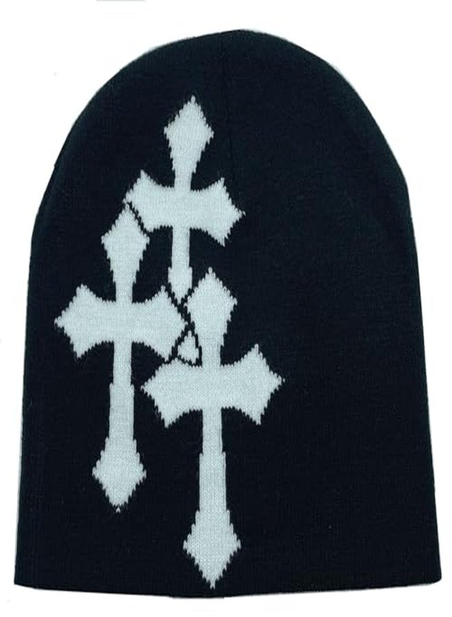 Obenie Y2K Knitted Beanies Hat Cross Graphics Men Women Jacquard Hat Punk Solid Color Hat Outdoor Sports Trend Beanie (Black-White,one Size,One Size) - Image 1