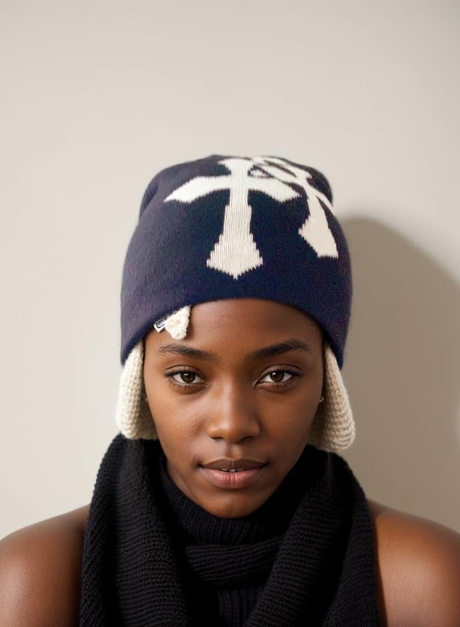 Obenie Y2K Knitted Beanies Hat Cross Graphics Men Women Jacquard Hat Punk Solid Color Hat Outdoor Sports Trend Beanie (Black-White,one Size,One Size) - Image 3
