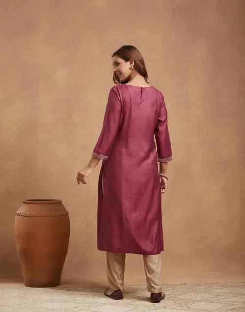 Fabindia Wine Viscose Silk Embroidered Slim Fit Long Kurta