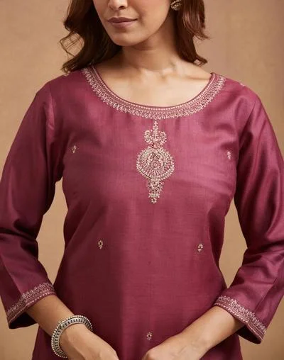 Fabindia Wine Viscose Silk Embroidered Slim Fit Long Kurta