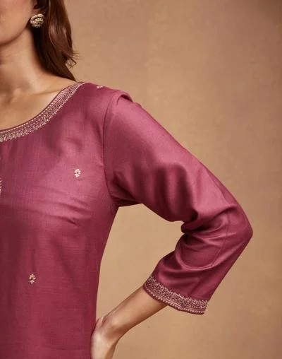 Fabindia Wine Viscose Silk Embroidered Slim Fit Long Kurta