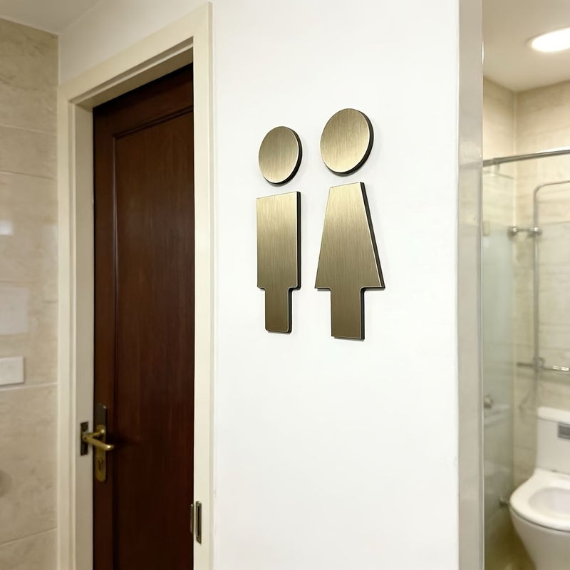 2 عبوة علامات دورة مياه على شكل شخصيات لطيفة باللون الذهبي، نسيج معدني من لوح الألمنيوم المركب لغرفة تبديل الملابس في الحمام - Image 1