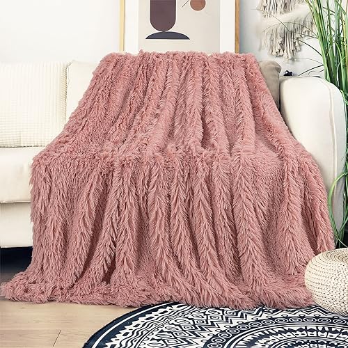 Tuddrom Decorative Extra Soft Fuzzy Faux Fur Throw Blanket 50" x 60",Solid Reversible Long Hair Shaggy Blanket,Fluffy Cozy Plush Comfy Microfiber Fleece Blankets for Couch Sofa Bedroom,Peach Whip - Image 2