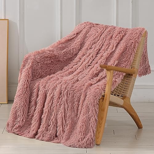 Tuddrom Decorative Extra Soft Fuzzy Faux Fur Throw Blanket 50" x 60",Solid Reversible Long Hair Shaggy Blanket,Fluffy Cozy Plush Comfy Microfiber Fleece Blankets for Couch Sofa Bedroom,Peach Whip - Image 1