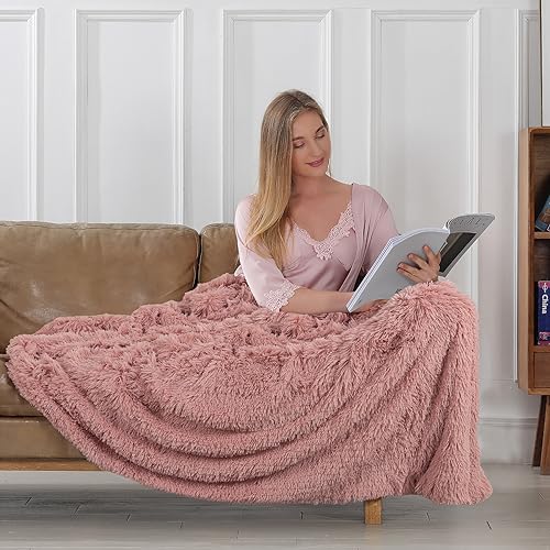 Tuddrom Decorative Extra Soft Fuzzy Faux Fur Throw Blanket 50" x 60",Solid Reversible Long Hair Shaggy Blanket,Fluffy Cozy Plush Comfy Microfiber Fleece Blankets for Couch Sofa Bedroom,Peach Whip - Image 3