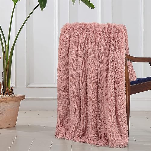 Tuddrom Decorative Extra Soft Fuzzy Faux Fur Throw Blanket 50" x 60",Solid Reversible Long Hair Shaggy Blanket,Fluffy Cozy Plush Comfy Microfiber Fleece Blankets for Couch Sofa Bedroom,Peach Whip - Image 5