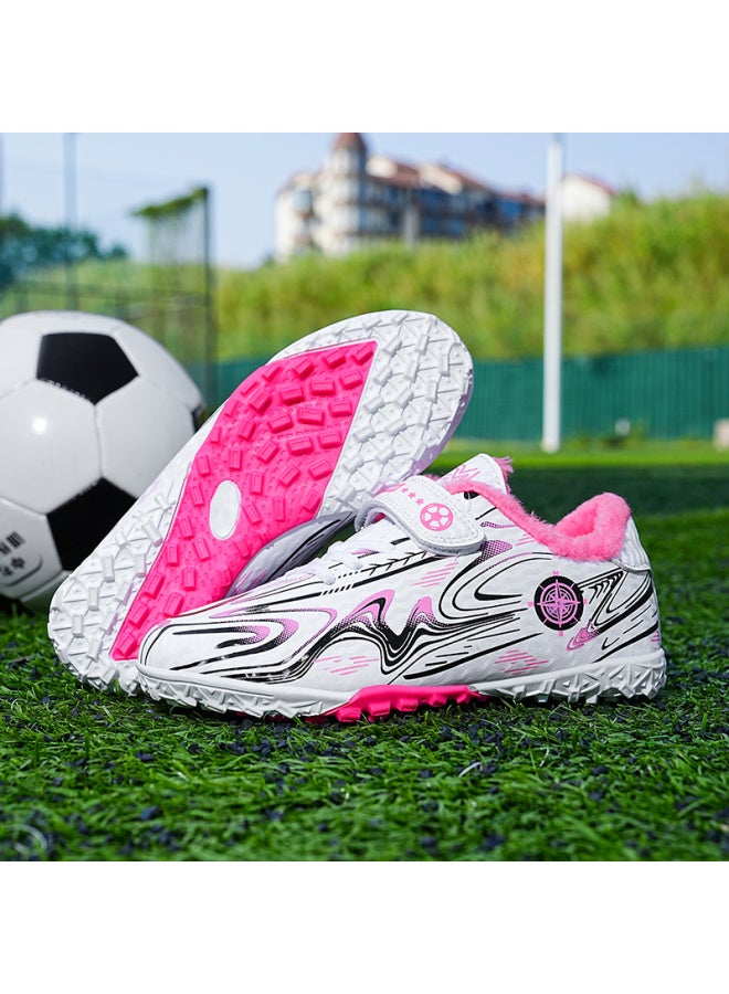 A66 White Powder plus Velvet Messi Children's Football Shoes Crushed Nails Sneaker Velcro Pupil Training Shoes Boys Long Nails