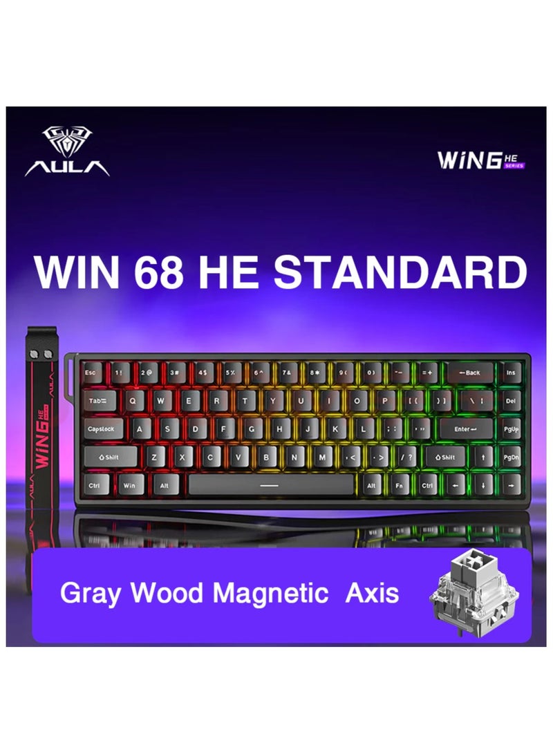 أولا لوحة مفاتيح AULA WIN68 HE STANDARD المغناطيسية للألعاب RT السلكية RGB مع إمكانية التبديل السريع 8 كيلو هرتز ولوحة مفاتيح ميكانيكية منخفضة الكمون (محور مغناطيسي خشبي رمادي) - Image 1