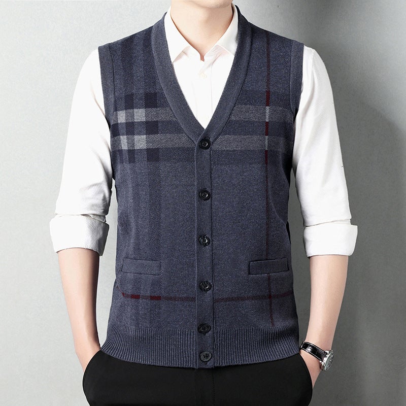 Autumn and Winter New Mens Business Casual V-neck Warm Knitted Shoulder Mens Slim-fit Striped Cardigan Sweater Vest medium gray - Image 1