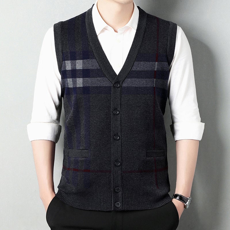 Autumn and Winter New Mens Business Casual V-neck Warm Knitted Shoulder Mens Slim-fit Striped Cardigan Sweater Vest medium gray - Image 4
