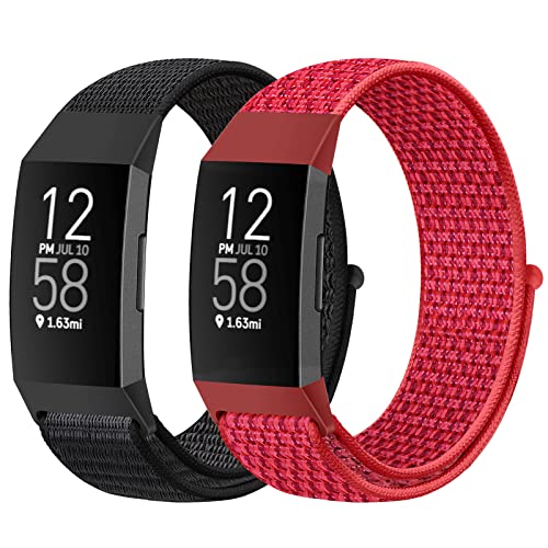 AVOD Nylon Watch Bands Compatible with Fitbit Charge 4/Charge 3/SE, Soft Replacement Wristband Breathable Sport Strap with Band for Women Men (Dark Black+China Red) - Image 1