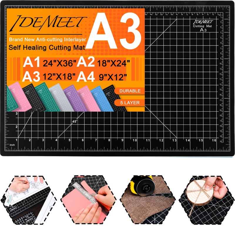 Densityupgraded 18x12 Self Healing Cutting Mat Idemeet Rotary Sewing Mat for Crafts 5Ply Blade Table Protector Cut Board for Fabric Leather Cutting Quilting Modeling Hobby Project A3 Black