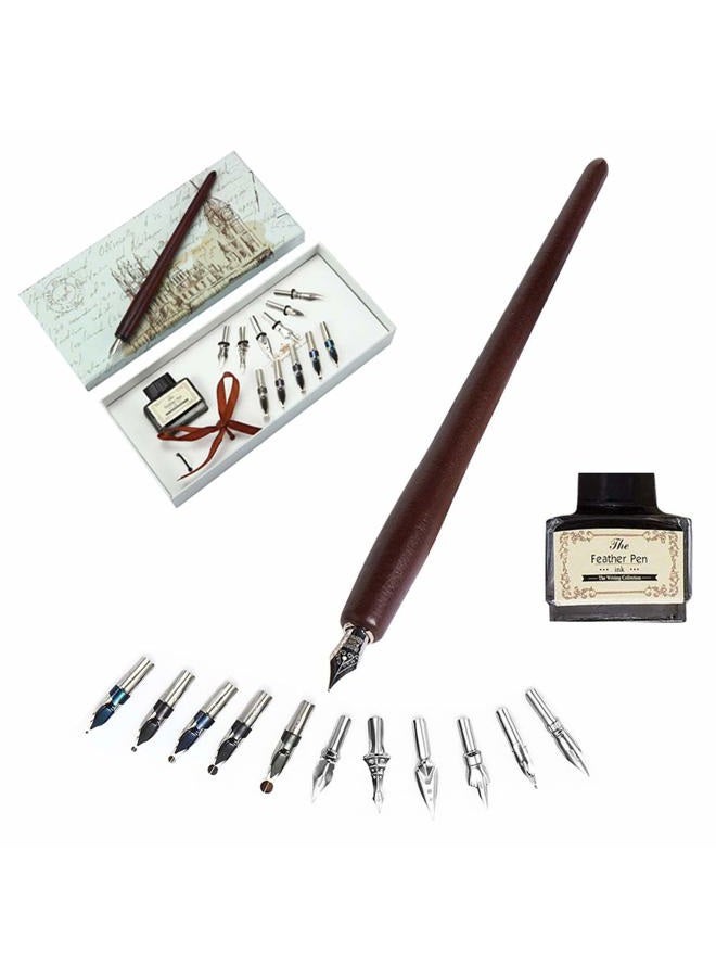OPENDGO Calligraphy Pens Set -Wooden Dip Pen Handcrafted Calligraphy Set with 11 Nibs & Black Ink - Image 1