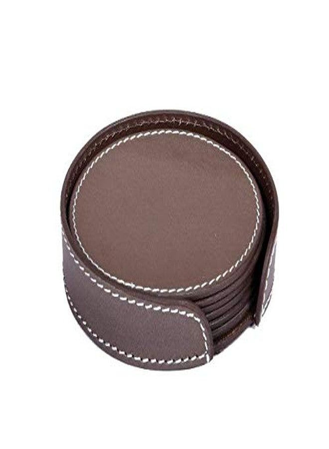 Nora Drink Coasters Set of 6 with Holder,Elephant Colour Round Shape Leather Coasters for Table Protection - Image 1