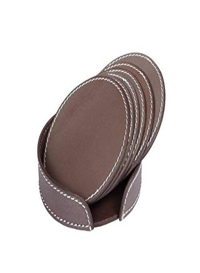 Nora Drink Coasters Set of 6 with Holder,Elephant Colour Round Shape Leather Coasters for Table Protection - Image 3