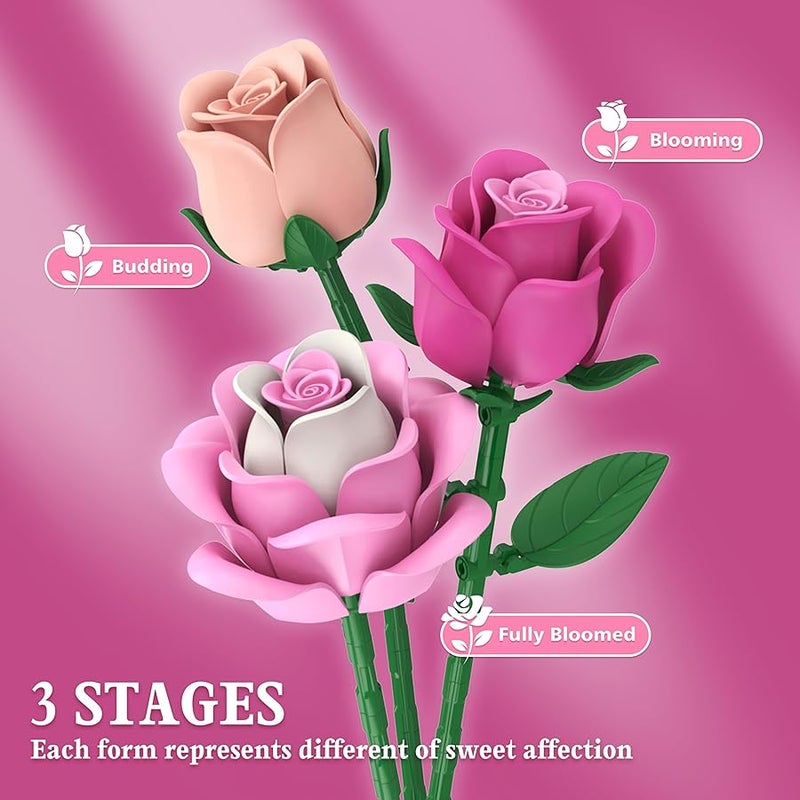 Arabest Pink Rose Bouquet Flowers Building Set, 834Pcs Roses Artificial Botanical Collection Compatible With Lego For Adults  Anniversary Valentines Day Gifts Mom Her Women - Image 3