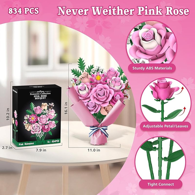 Arabest Pink Rose Bouquet Flowers Building Set, 834Pcs Roses Artificial Botanical Collection Compatible With Lego For Adults  Anniversary Valentines Day Gifts Mom Her Women - Image 4